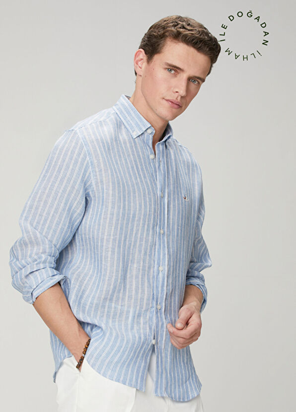 Beymen Club Blue Stripes Comfort Fit Linen Shirt - 1