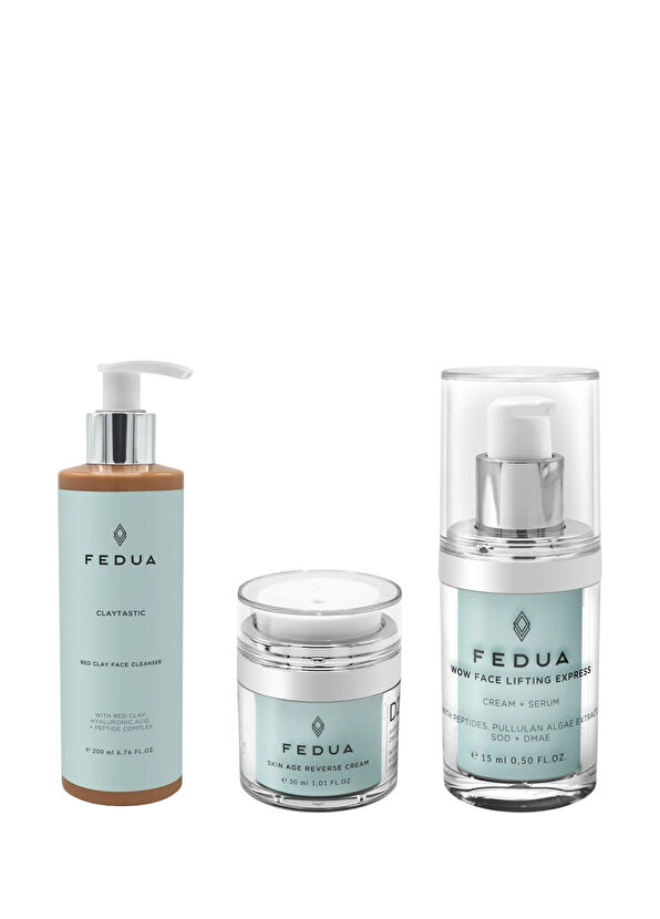 Fedua Claytastic Facial Cleansing Gel 200ml + Skin Age Reverse 24h Anti Age Face Cream 30ml + Wow Face Lifting Express Face Cream 15ml Skin Care Set - 1