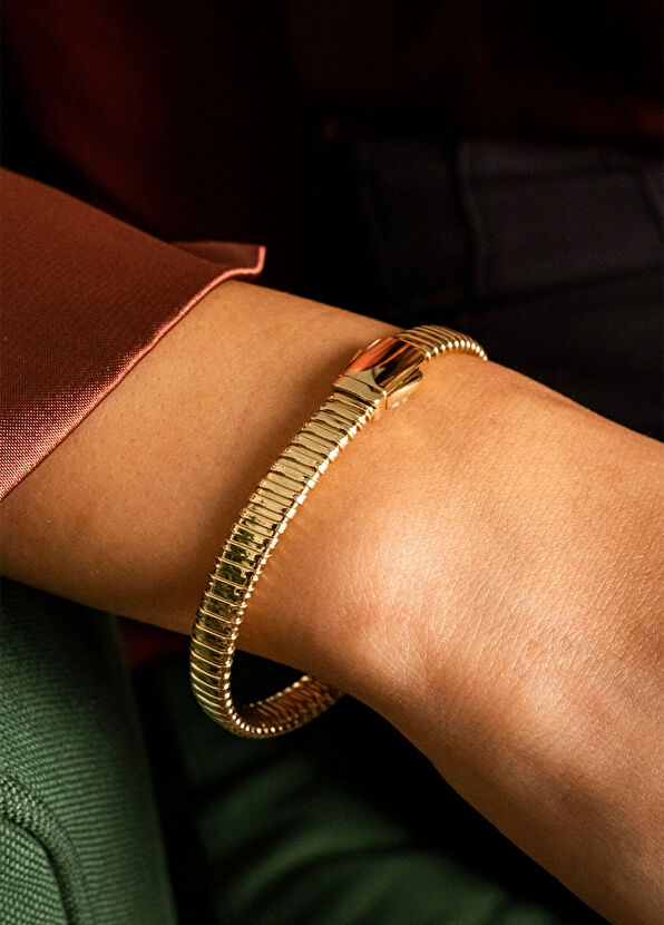 Safir Mücevher Esnek 14 Ayar Altın Unisex Kelepçe Bileklik - 3