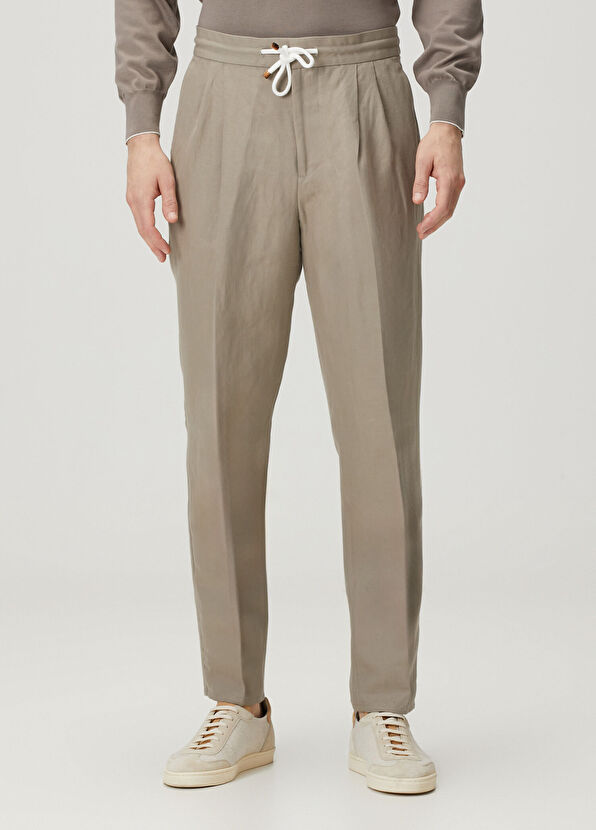 Brunello Cucinelli Haki Beli Kordonlu Çift Pilili Keten Pantolon - 2