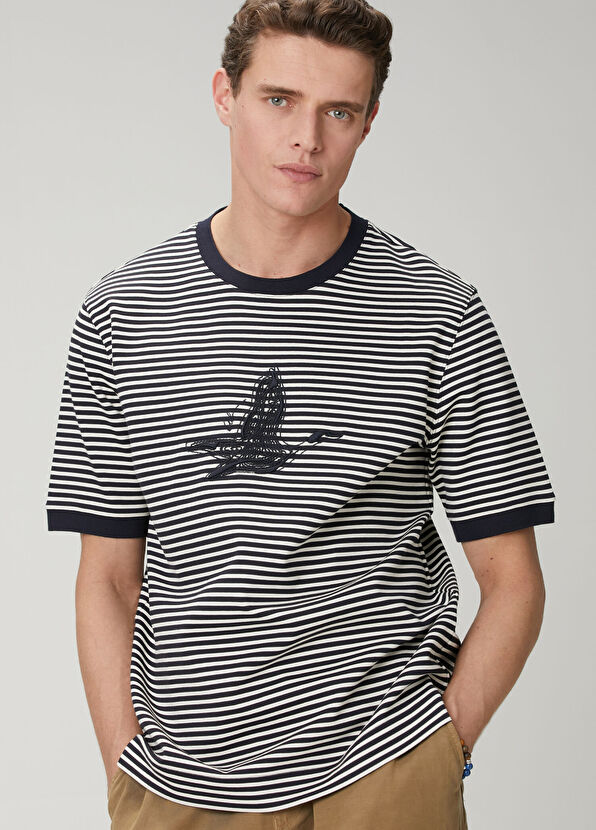 Beymen Club Navy Blue White Relax Fit Striped T-Shirt - 2