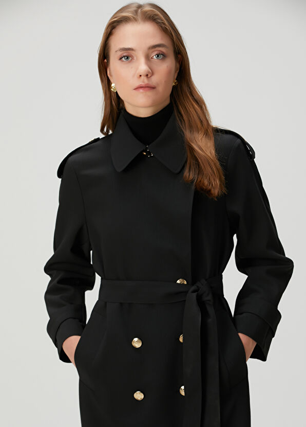 Siyah Yün Karışımlı Pardösü - Görsel 4