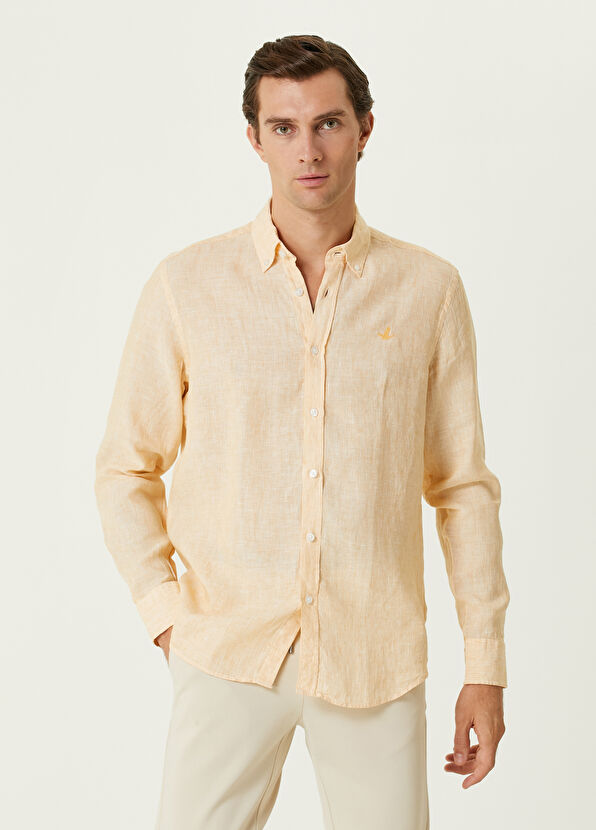 Beymen Club Comfort Fit Beyaz Sarı Keten Gömlek - 1