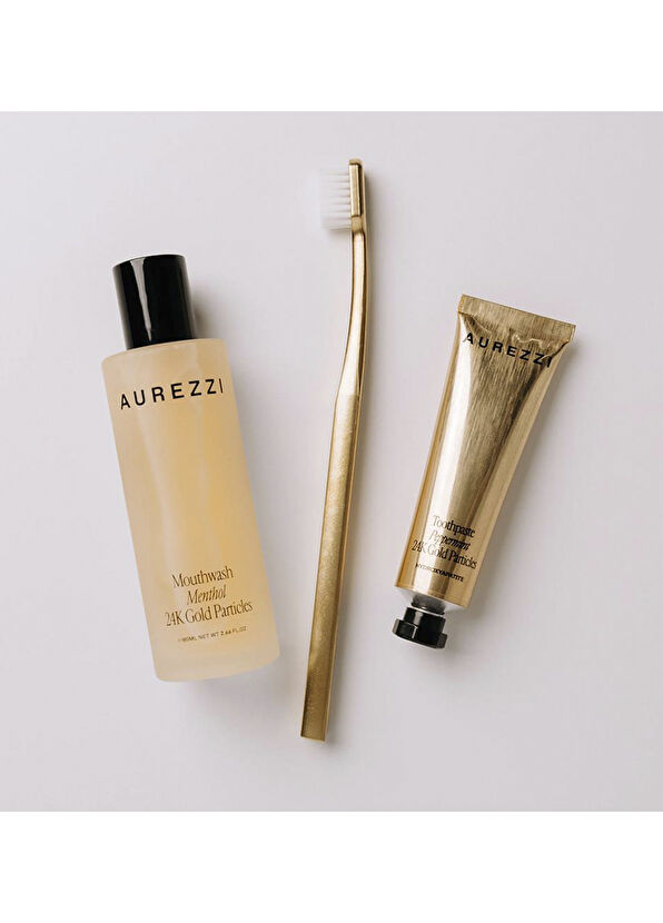 Aurezzi Travel Trio Gold Ağız Bakım Suyu 80 ml + Menthol Gold Diş Macunu 25 ml + Gold White Soft Diş Fırçası 3'lü Seyahat Boy Ağız Bakım Seti - 3