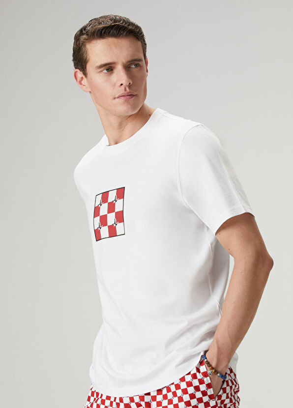 Beymen Club White Relax Fit Checkers Artwork T-Shirt - 4
