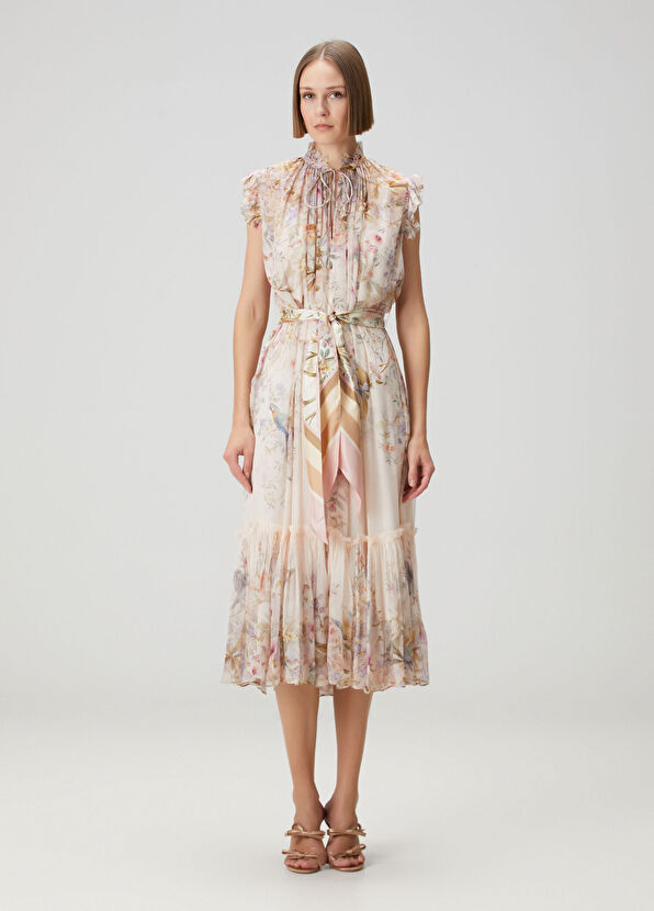 Rebellion Flutter Krem Çiçekli Midi Elbise - Görsel 3