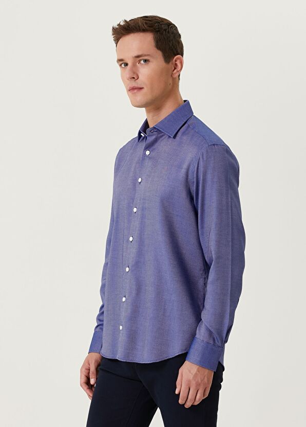 Beymen Club Comfort Fit Lacivert Armürlü Non-iron Gömlek - 4