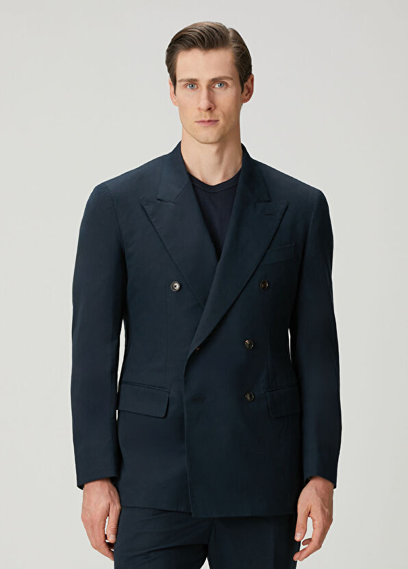 Umit Benan Navy Blue Double-Breasted Jacket - 3