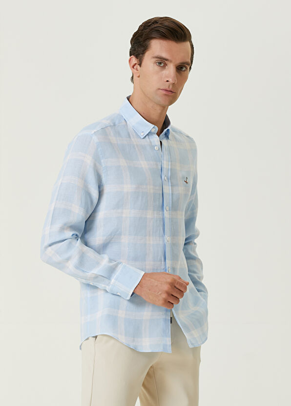Beymen Club Comfort Fit Light Blue Square Plaid Linen Shirt - 4