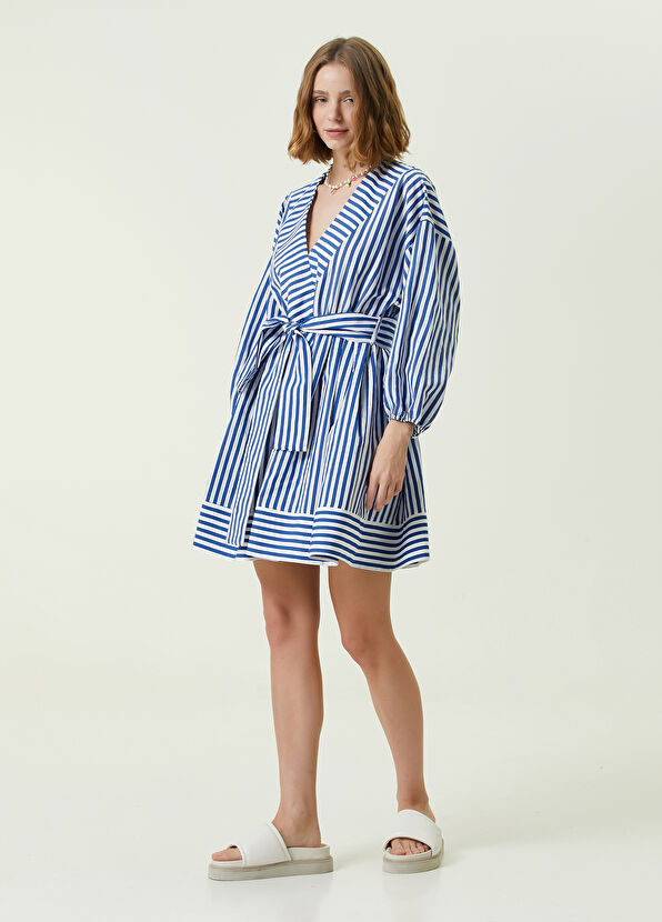 Beymen Club Blue V-Neck Striped Mini Dress - 2