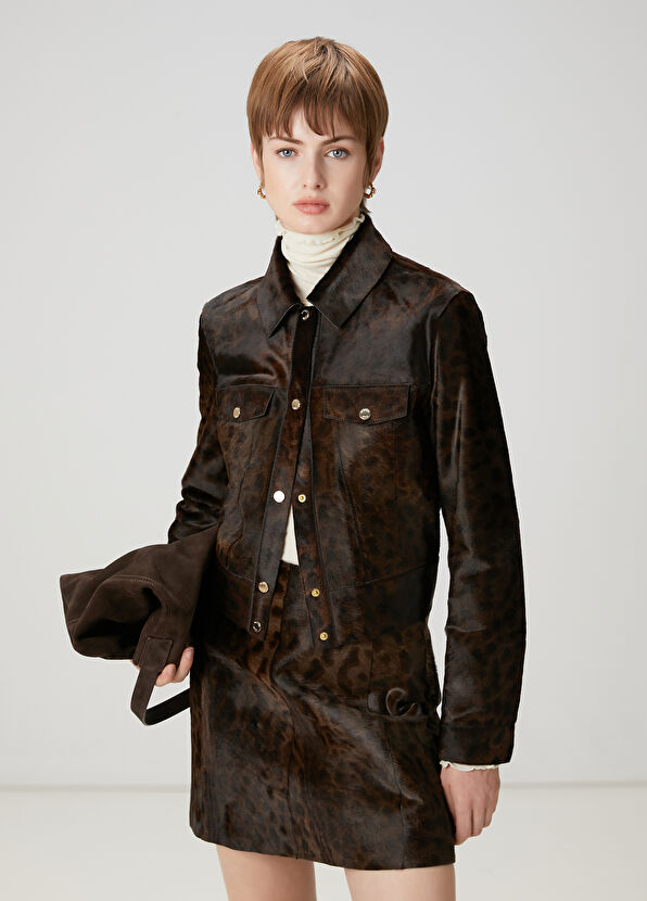 Beymen Club Koyu Kahverengi Desenli Trucker Deri Ceket - 1