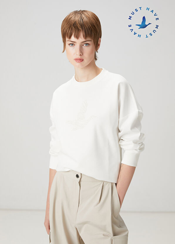 Beymen Club Kırık Beyaz Kuş Nakışlı Sweatshirt - 1