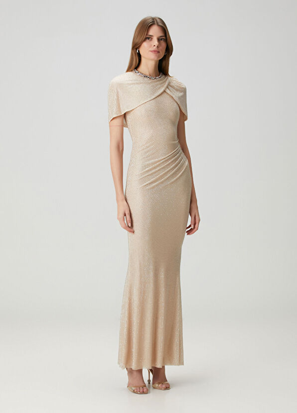 Şampanya Taşlı Maksi Abiye Elbise - Görsel 3
