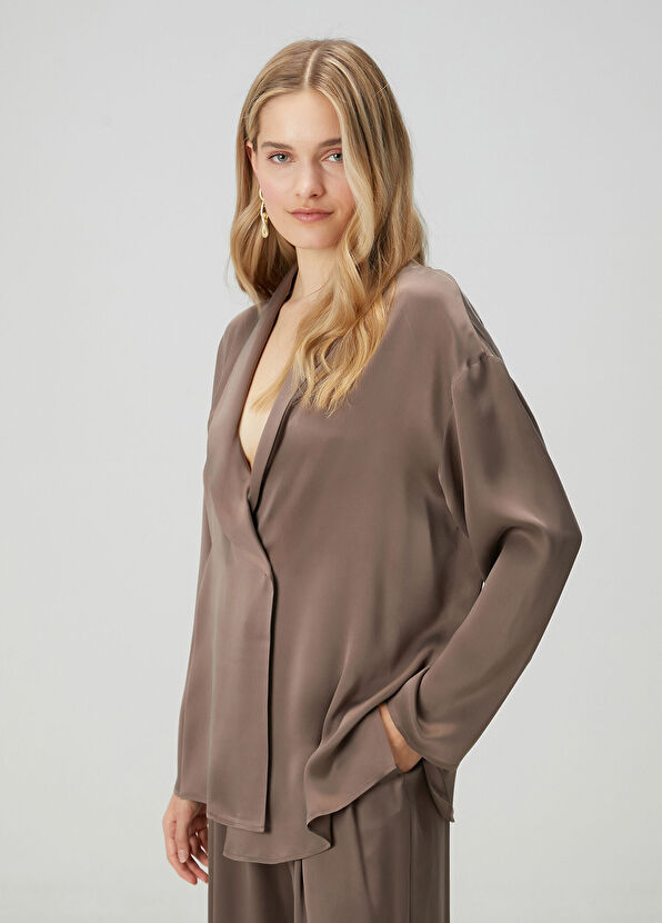 Beymen Club Kahverengi Kruvaze İpek Gömlek - 4