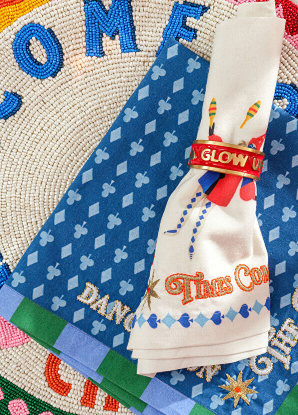 Zsa Zsa Zsu Nilüfer Digital Printed Embroidered Ecru Blue Cotton 2-Piece Napkin Set - 2