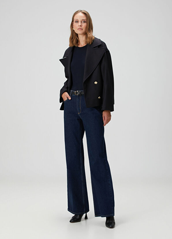 Lacivert Kruvaze Yün Kaban - Görsel 4