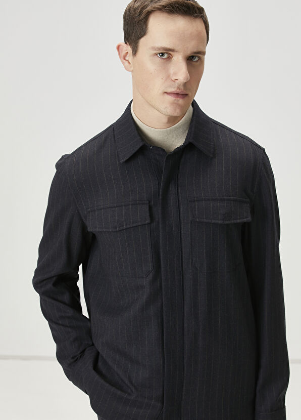 Beymen Club Antrasit Çizgi Desenli Yün Dış Gömlek - 1