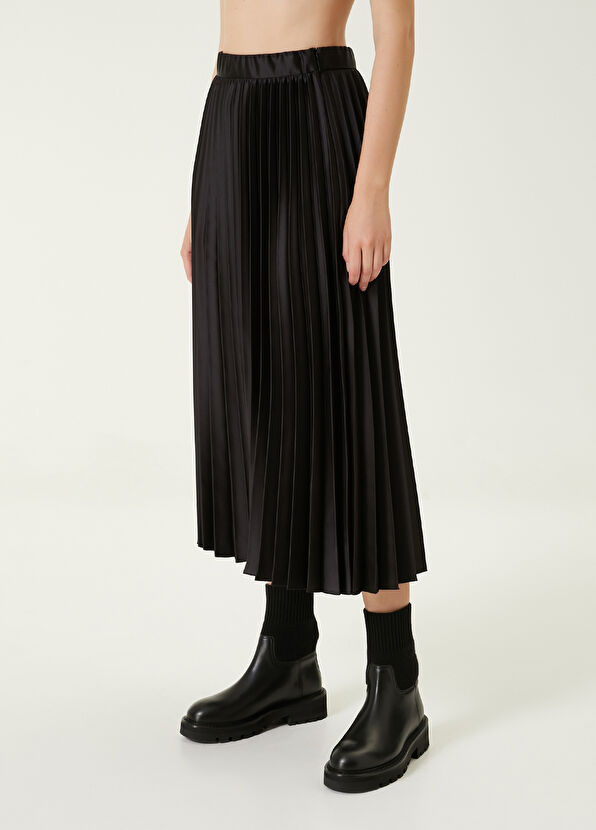 Beymen Club Siyah Pileli Midi Saten Etek - 2