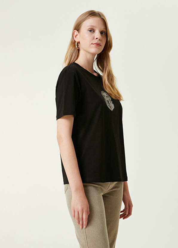 Beymen Club Black Dog Patterned Rhinestone T-shirt - 4