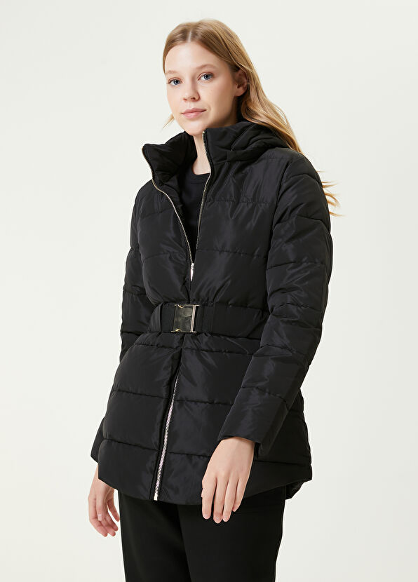 Beymen Club Siyah Kapüşonlu Kemerli Puff Mont - 1