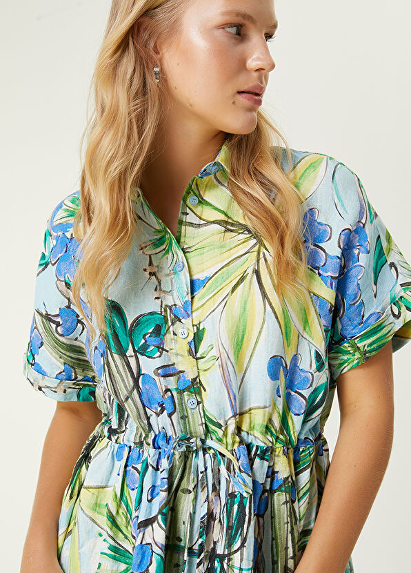 Beymen Club Yeşil Mavi Botanik Desenli Mini Keten Elbise - 2