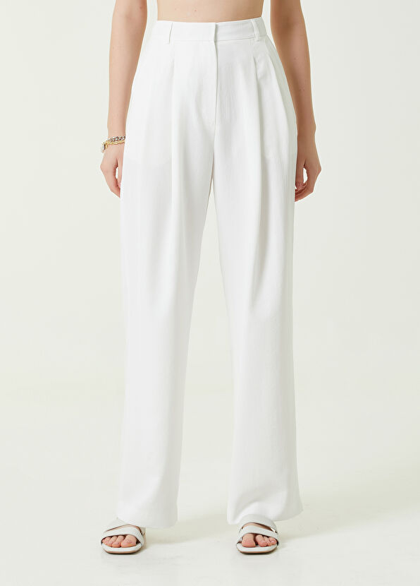 Beymen Club Beyaz Çift Pilili Krep Palazzo Pantolon - 2