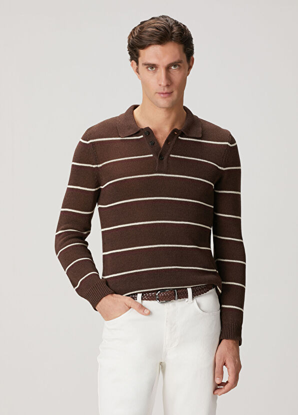 Beymen Club Brown Striped Cotton Polo Sweater - 1