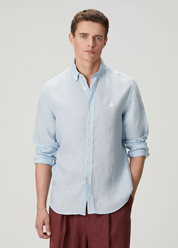 Beymen Club Comfort Fit Blue Dashed Striped Linen Shirt - 1