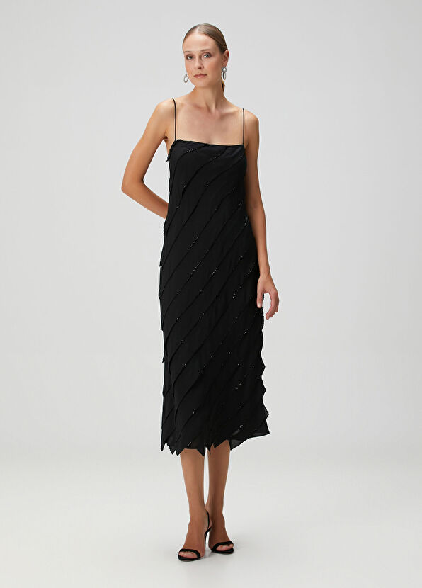 Siyah İşlemeli Midi İpek Kokteyl Elbise - Görsel 3