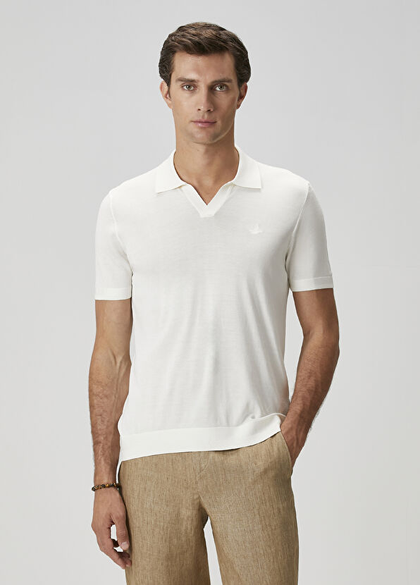 Beymen Club Off-White Short Sleeve Silk Polo Sweater - 3