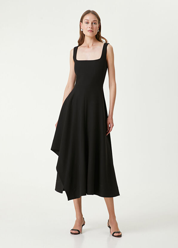 Siyah Asimetrik Etek Detaylı Midi Elbise - Görsel 6