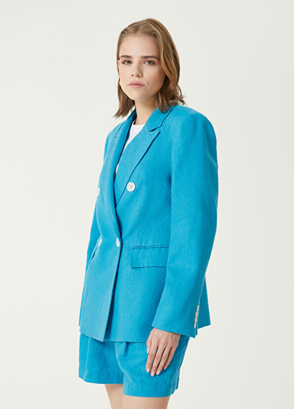 Beymen Club Blue Double Breasted Linen Blazer - 4