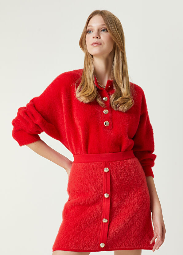 Beymen Club Kırmızı Düğmeli Mini Triko Etek - 3