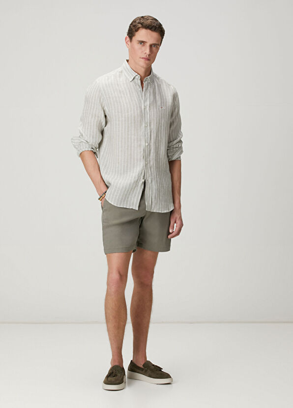 Beymen Club Comfort Fit Green Line Patterned Linen Shirt - 2