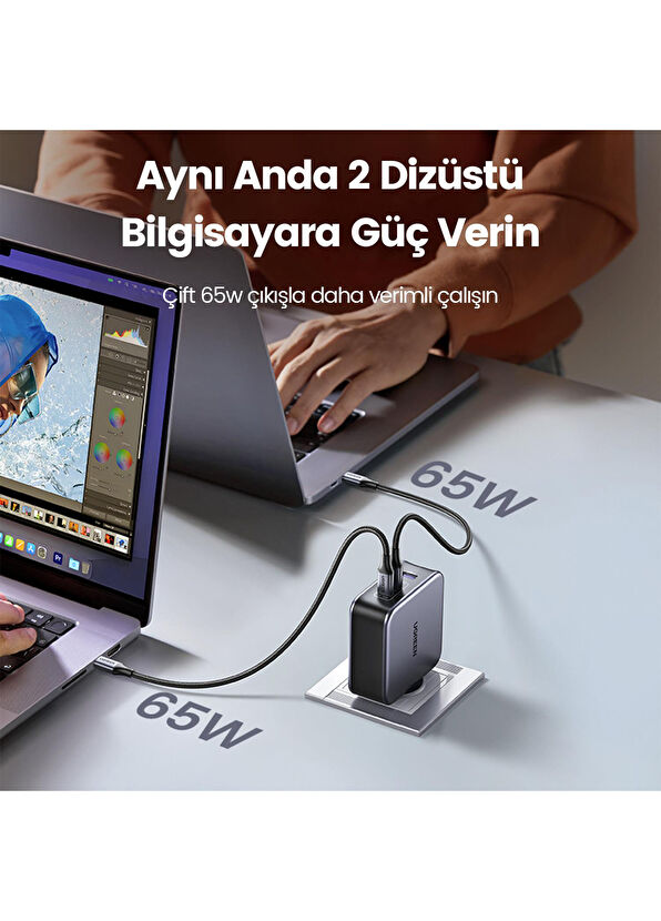 Ugreen Nexode GaN 3 Portlu 2xUSB-C, 1xUSB-A QC 4.0 PD 3.1 Uzay Grisi 140W Hızlı Şarj Cihazı - 3