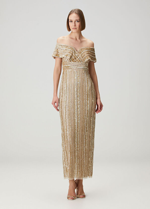 Sarı İşlemeli Maksi Abiye Elbise - Görsel 3