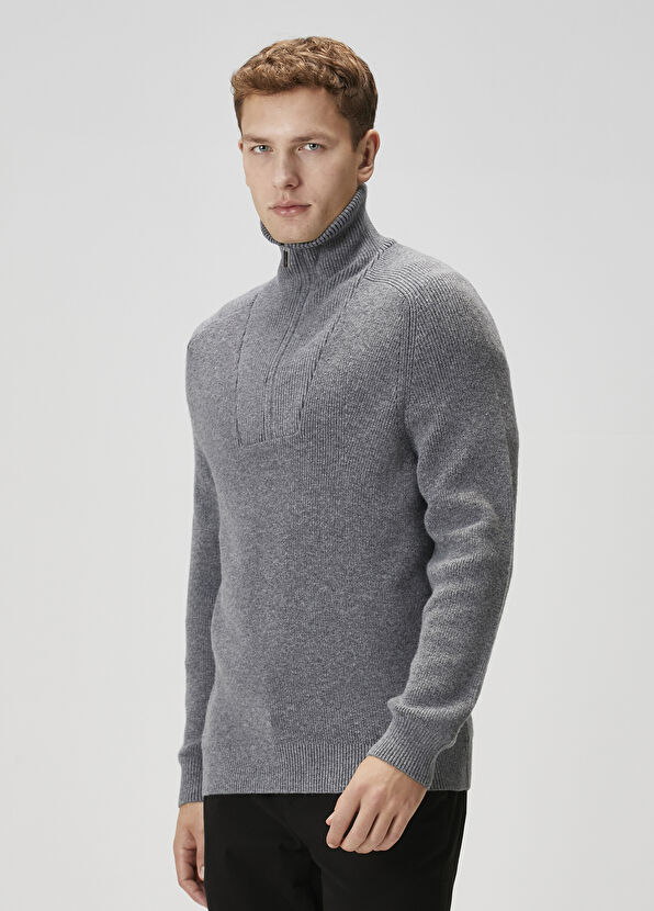 Beymen Club Grey Melange Collar Zippered Wool Sweater - 4