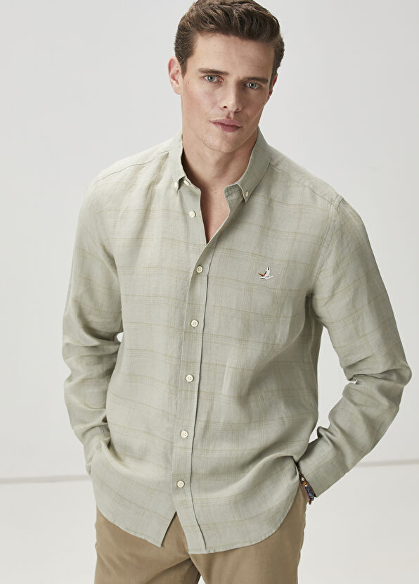 Beymen Club Comfort Fit Light Khaki Plaid Pattern Linen Shirt - 2