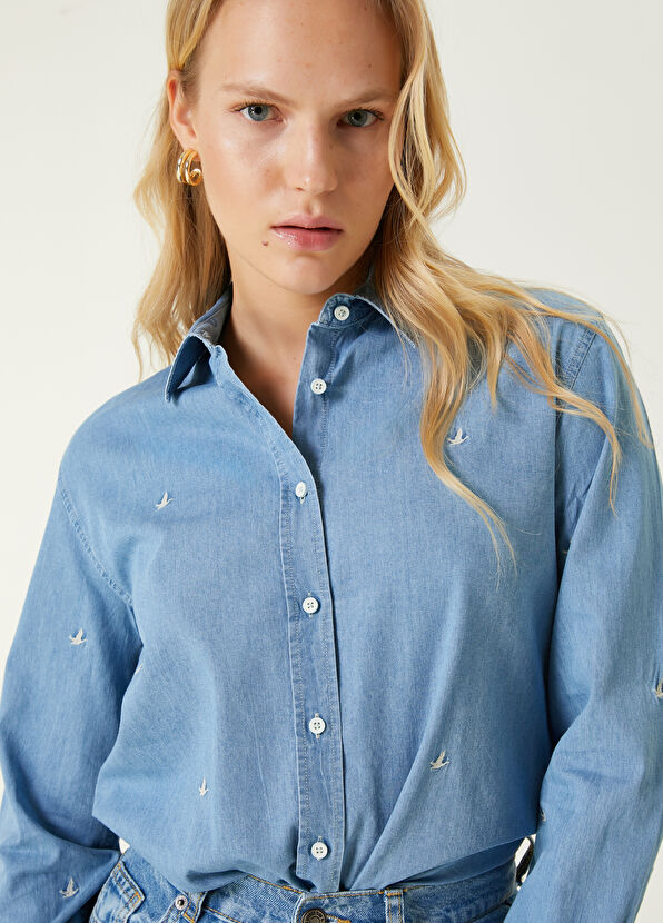 Beymen Club Mavi Serpme Kuş Nakışlı Denim Gömlek - 2