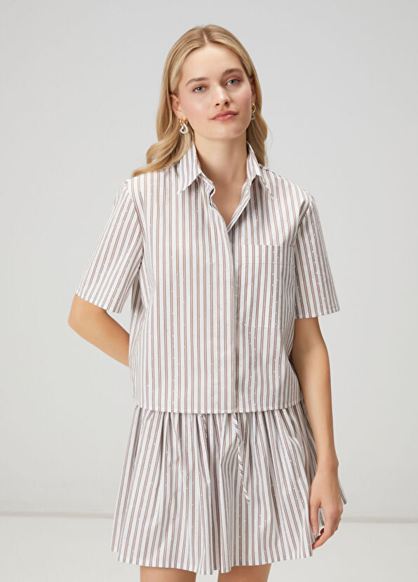 Beymen Club Kahve Beyaz Çizgili Taşlı Gömlek - 1