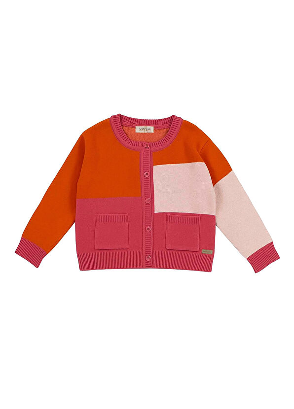Patique Kids Orange Pink Block Patterned Crew Neck Buttoned Girl's Cardigan - 1