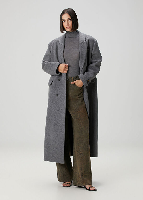 Oversized Gri Kruvaze Yün Palto - Görsel 5