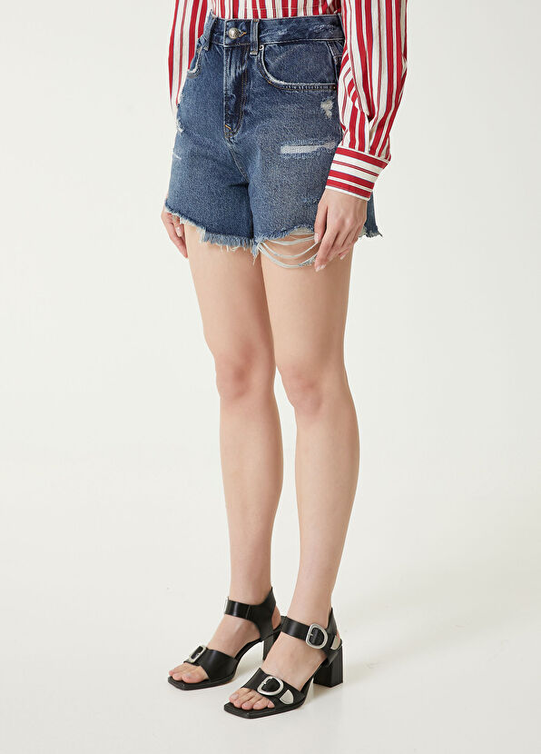 Beymen Club Mavi Yıpratmalı Denim Şort - 4