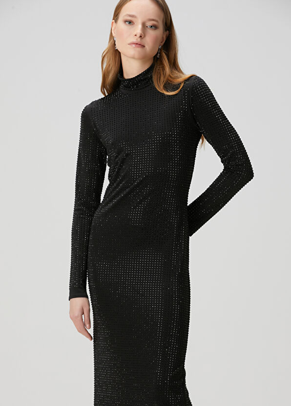 Beymen Club Siyah Taşlı Midi Kokteyl Elbise - 1