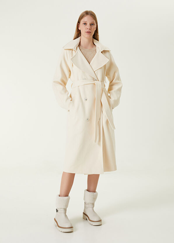 Beymen Club Kırık Beyaz Kapüşonlu Kruvaze Kaşe Pardösü - 3