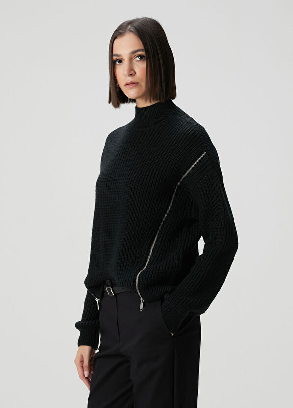 Siyah Fermuar Detaylı Kazak - Görsel 5