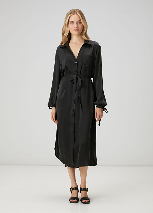 Beymen Club Black Midi Silk Satin Dress - 4