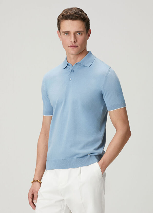 Beymen Club Blue Plain Knit Basic Short Sleeve Knitwear Polo - 3