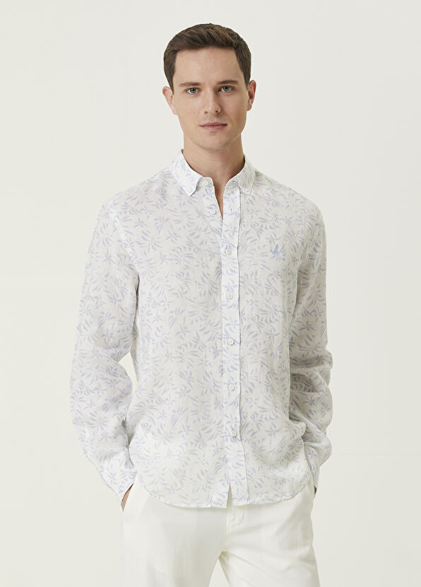 Beymen Club Comfort Fit Blue White Leaf Patterned Linen Shirt - 1