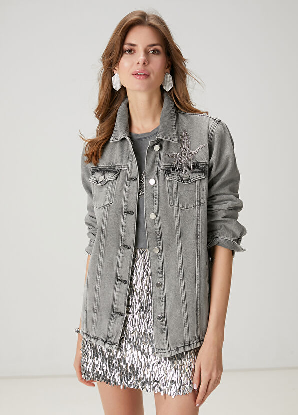 Beymen Club Grey Embroidered Logo Denim Jacket - 1